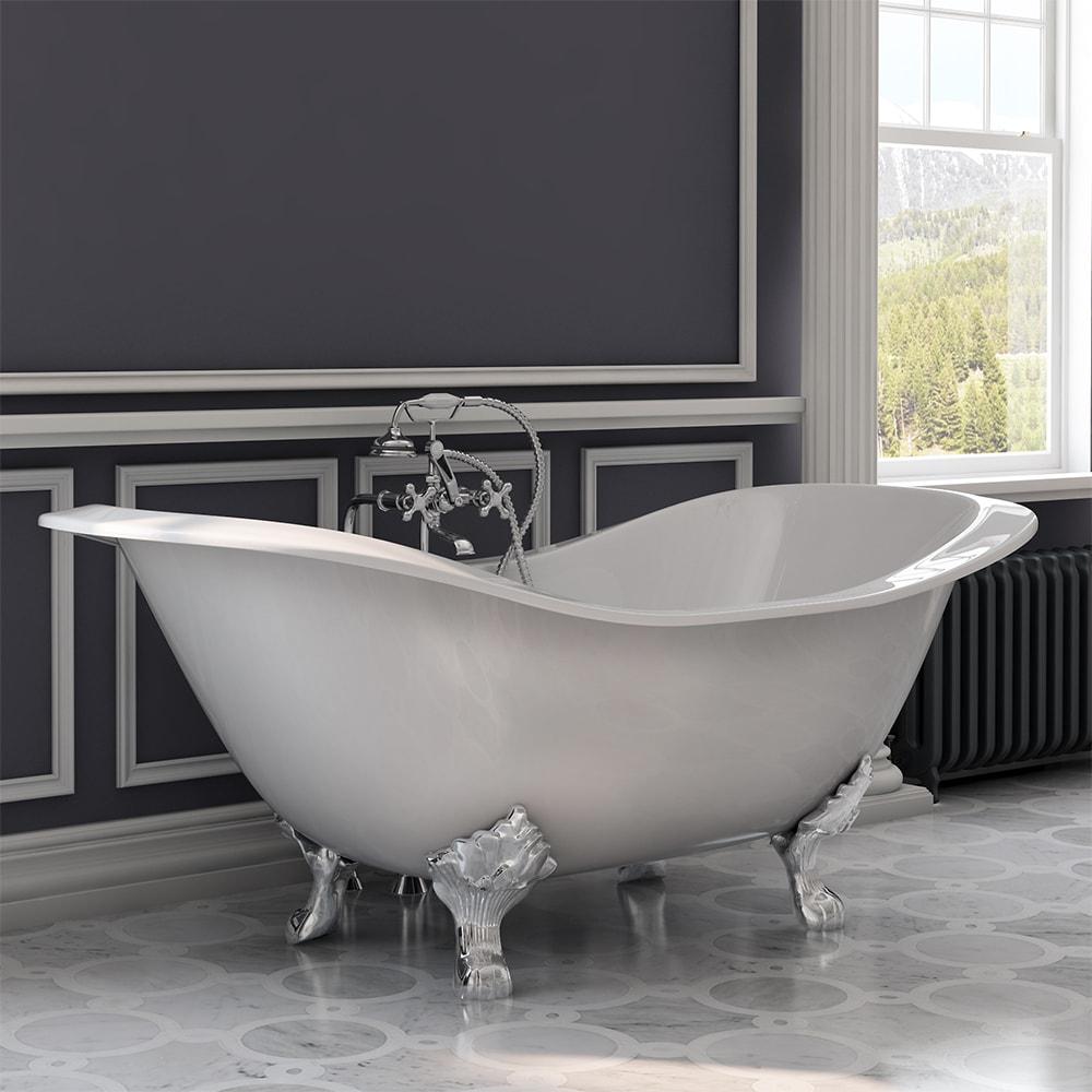 Cambridge Plumbing Bathtub Polished Chrome Cambridge Plumbing DES-398463-PKG-BN-NH Cast Iron Double Ended Slipper Tub 71