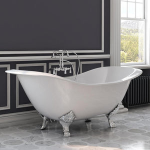 Cambridge Plumbing Bathtub Polished Chrome Cambridge Plumbing DES-463D-2-PKG-7DH Cast Iron Double Ended Slipper Tub 71" X 30" with 7" Deck Mount Faucet Drillings and Complete Plumbing Package