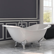 Load image into Gallery viewer, Cambridge Plumbing Bathtub Polished Chrome Cambridge Plumbing DES-684D-PKG-7DH Cast Iron Double Ended Slipper Tub 71&quot; X 30&quot; with 7&quot; Deck Mount Faucet Drillings and English Telephone Style Faucet Complete Plumbing Package