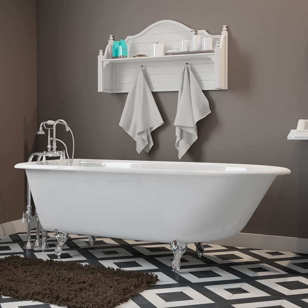 Cambridge Plumbing Bathtub Polished Chrome Cambridge Plumbing RR61-398684-PKG-NH Cast-Iron Rolled Rim Clawfoot Tub 61