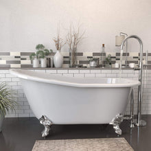 Load image into Gallery viewer, Cambridge Plumbing Bathtub Polished Chrome Cambridge Plumbing ST61-150-PKG-NH Cast Iron Slipper Clawfoot Tub 61&quot; X 30&quot; with no Faucet Drillings and Complete Modern Freestanding Tub Filler with Hand Held Shower Assembly Plumbing Package