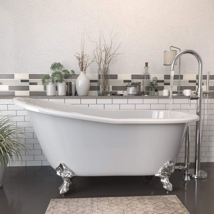 Cambridge Plumbing Bathtub Polished Chrome Cambridge Plumbing ST61-150-PKG-NH Cast Iron Slipper Clawfoot Tub 61