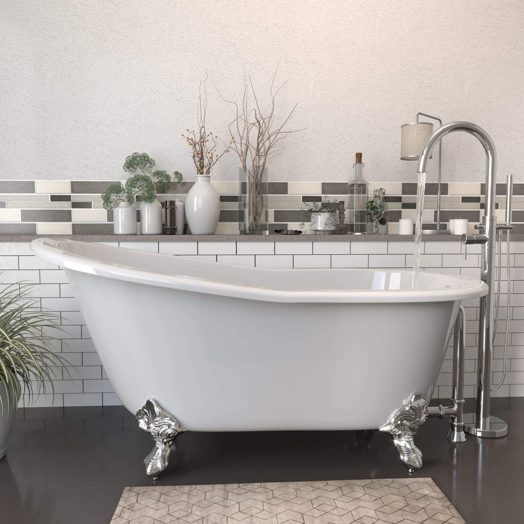 Cambridge Plumbing Bathtub Polished Chrome Cambridge Plumbing ST61-150-PKG-NH Cast Iron Slipper Clawfoot Tub 61