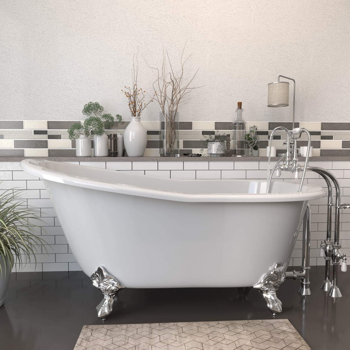 Cambridge Plumbing Bathtub Polished Chrome Cambridge Plumbing ST61-398684-PKG-BN-NH Cast Iron Slipper Clawfoot Tub 61