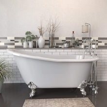 Load image into Gallery viewer, Cambridge Plumbing Bathtub Polished Chrome Cambridge Plumbing ST61-684D-PKG-7DH Cast Iron Slipper Clawfoot Tub 61&quot; X 30&quot; with 7&quot; Deck Mount Faucet Drillings and English Telephone Style Faucet Complete Plumbing Package