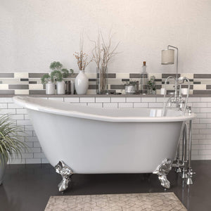 Cambridge Plumbing Bathtub Polished Chrome Cambridge Plumbing ST61-684D-PKG-7DH Cast Iron Slipper Clawfoot Tub 61" X 30" with 7" Deck Mount Faucet Drillings and English Telephone Style Faucet Complete Plumbing Package