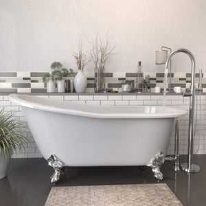 Cambridge Plumbing Bathtub Polished Chrome Cambridge Plumbing ST67-150-PKG-NH Cast Iron Slipper Clawfoot Tub 67" X 30" with no Faucet Drillings and Complete Modern Freestanding Tub Filler with Hand Held Shower Assembly Plumbing Package