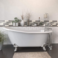 Load image into Gallery viewer, Cambridge Plumbing Bathtub Polished Chrome Cambridge Plumbing ST67-463D-2-PKG-7DH Cast Iron Slipper Clawfoot Tub 67&quot; X 30&quot; with  7&quot; Deck Mount Faucet Drillings and Complete Plumbing Package