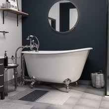 Load image into Gallery viewer, Cambridge Plumbing Bathtub Polished Chrome Cambridge Plumbing SWED54-398463-PKG-NH Cast Iron Swedish Slipper Tub 54&quot; X 30&quot; with No Faucet Drillings and Complete Free Standing British Telephone Faucet and Hand Held Shower Plumbing Package