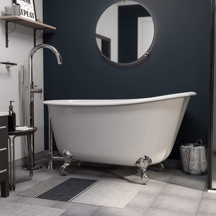 Cambridge Plumbing Bathtub Polished Chrome Cambridge Plumbing SWED58-150-PKG-NH Cast Iron Swedish Slipper Tub 58