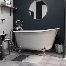Load image into Gallery viewer, Cambridge Plumbing Bathtub Polished Chrome Cambridge Plumbing SWED58-398684-PKG-NH Cast Iron Swedish Slipper Tub 58&quot; X 30&quot; with no Faucet Drillings and Complete Free Standing English Telephone Style Faucet with Hand Held Shower Assembly Plumbing Package