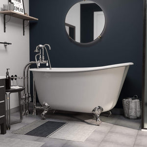 Cambridge Plumbing Bathtub Polished Chrome Cambridge Plumbing SWED58-398684-PKG-NH Cast Iron Swedish Slipper Tub 58" X 30" with no Faucet Drillings and Complete Free Standing English Telephone Style Faucet with Hand Held Shower Assembly Plumbing Package