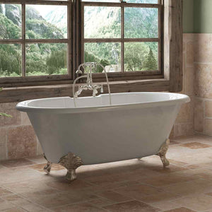 Cambridge Plumbing Brushed Nickel Cambridge Plumbing DE67-684D-PKG-7DH Cast Iron Double Ended Clawfoot Tub 67" X 30" with  7" Deck Mount Faucet Drillings and English Telephone Style Faucet Complete Plumbing Package