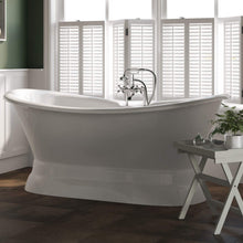 Load image into Gallery viewer, Cambridge Plumbing Cambridge Plumbing DES-PED-463D-6-PKG-BN-7DH Cast Iron Double Ended Slipper Tub 71&quot; X 30&quot; with 7&quot; Deck Mount Faucet Drillings and British Telephone Style Faucet Complete Brushed Nickel Plumbing Package With Six Inch Deck Mount Risers