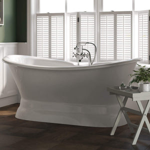 Cambridge Plumbing Cambridge Plumbing DES-PED-463D-6-PKG-BN-7DH Cast Iron Double Ended Slipper Tub 71" X 30" with 7" Deck Mount Faucet Drillings and British Telephone Style Faucet Complete Brushed Nickel Plumbing Package With Six Inch Deck Mount Risers