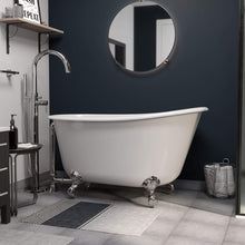 Load image into Gallery viewer, Cambridge Plumbing Cambridge Plumbing SWED54-150-PKG-BN-NH Cast Iron Swedish Slipper Tub 54&quot; X 30&quot; with no Faucet Drillings and Complete Brushed Nickel Modern Freestanding Tub Filler with Hand Held Shower Assembly Plumbing Package