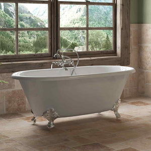 Cambridge Plumbing Polished Chrome Cambridge Plumbing DE60-398463-PKG-NH Cast Iron Double Ended Clawfoot Tub 60" X 30" with No Faucet Drillings and Complete Free Standing British Telephone Faucet and Hand Held Shower Plumbing Package