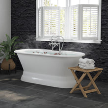 Load image into Gallery viewer, Cambridge Plumbing Polished Chrome Cambridge Plumbing DE60-PED-463D-6-PKG-BN Cast Iron Double Ended Pedstal Tub 60&quot; X 30&quot; with 7&quot; Deck Mount Faucet Drillings and British Telephone Style Faucet Complete Brushed Nickel Plumbing Package With Six Inch Deck Mount Risers