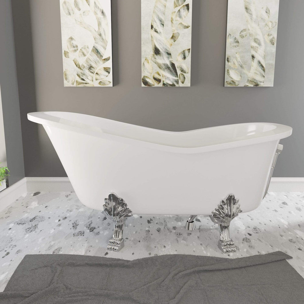 Cambridge Plumbing Polished Chrome Cambridge Plumbing ES-ST62-NH-AB Dolomite Mineral Composite Clawfoot Slipper Tub with Antique Brass Feet and Drain Assembly 62 x 30