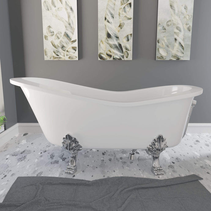 Cambridge Plumbing Polished Chrome Cambridge Plumbing ES-ST66-NH Dolomite Mineral Composite Clawfoot Slipper Tub with Lion's Paw Feet and Drain Assembly 66 x 30
