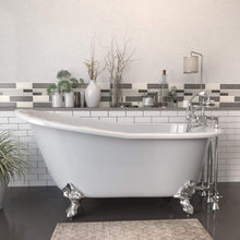 Load image into Gallery viewer, Cambridge Plumbing Polished Chrome Cambridge Plumbing ST61-463D-2-PKG-7DH Cast Iron Slipper Clawfoot Tub 61&quot; X 30&quot; with 7&quot; Deck Mount Faucet Drillings and Complete Plumbing Package
