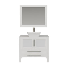 Load image into Gallery viewer, Cambridge Plumbing Vanity Brushed Nickel $1,109.00 Cambridge Plumbing 8111W 36 Inch Solid Wood Bathroom Vanity Set, White Finish with White Porcelain Vessel Sink, Includes Faucet, Drain and Mirror