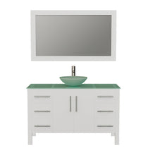 Load image into Gallery viewer, Cambridge Plumbing Vanity Brushed Nickel $1,429.00 Cambridge Plumbing 8116B-W 48 Inch Solid Wood Bathroom Vanity Set, White Finish with Glass Countertop and Sink, Includes Faucet, Drain and Mirror