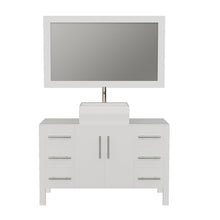Load image into Gallery viewer, Cambridge Plumbing Vanity Brushed Nickel $1,529.00 Cambridge Plumbing 8116W 48 Inch Solid Wood Bathroom Vanity Set, White Finish with White Porcelain Vessel Sink, Includes Faucet, Drain and Mirror