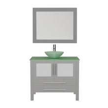 Load image into Gallery viewer, Cambridge Plumbing Vanity Brushed Nickel Cambridge Plumbing 8111B-G 36 Inch Solid Wood Bathroom Vanity Set, Gray Finish with Glass Countertop and Sink, Includes Faucet, Drain and Mirror