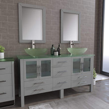 Load image into Gallery viewer, Cambridge Plumbing Vanity Brushed Nickel Cambridge Plumbing 8119B-G 63 Inch Solid Wood Bathroom Double Vanity Set, Gray Finish, Tempered Glass Countertop Includes Sinks, Faucet, Drain and Mirrors