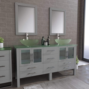 Cambridge Plumbing Vanity Brushed Nickel Cambridge Plumbing 8119B-G 63 Inch Solid Wood Bathroom Double Vanity Set, Gray Finish, Tempered Glass Countertop Includes Sinks, Faucet, Drain and Mirrors