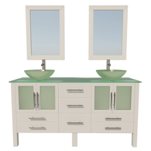 Load image into Gallery viewer, Cambridge Plumbing Vanity Brushed Nickel Cambridge Plumbing 8119BW Complete 63 Inch Solid Wood Bathroom Vanity Set, White Finish with Tempered Glass Countertop and Sink, Includes Faucet, Drain and Matching Vanity Mirror