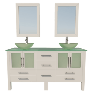 Cambridge Plumbing Vanity Brushed Nickel Cambridge Plumbing 8119BW Complete 63 Inch Solid Wood Bathroom Vanity Set, White Finish with Tempered Glass Countertop and Sink, Includes Faucet, Drain and Matching Vanity Mirror