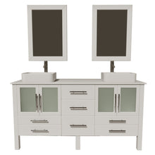 Load image into Gallery viewer, Cambridge Plumbing Vanity Brushed Nickel Cambridge Plumbing 8119W Complete 64 Inch Solid Wood Bathroom Vanity Set, White Finish with White Porcelain Countertop and Sink, Includes Faucet, Drain and Matching Vanity Mirror
