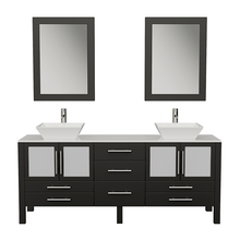 Load image into Gallery viewer, Cambridge Plumbing Vanity Brushed Nickel Cambridge Plumbing 8119XLF-BN 71 Inch Solid Wood Bathroom Vanity Is Compete with A White Porcelain Counter Top and Two Matching White Vessel Sinks, Two Mirrors, and Faucets and Drains