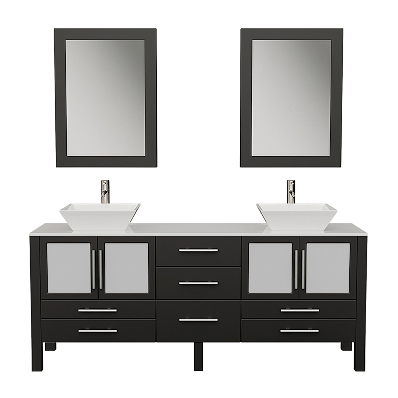 Cambridge Plumbing Vanity Brushed Nickel Cambridge Plumbing 8119XLF-BN 71 Inch Solid Wood Bathroom Vanity Is Compete with A White Porcelain Counter Top and Two Matching White Vessel Sinks, Two Mirrors, and Faucets and Drains