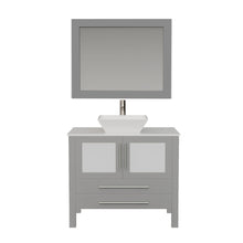 Load image into Gallery viewer, Cambridge Plumbing Vanity Brushed Nickel Cambridge Plumbing Complete 36 Inch Solid Wood Bathroom Vanity Set, Gray Finish with White Porcelain Countertop and Sink, Includes Faucet, Drain and Matching Vanity Mirror