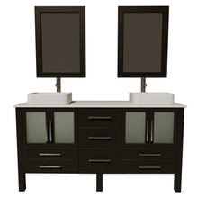 Load image into Gallery viewer, Cambridge Plumbing Vanity Brushed Nickel Cambridge Plumbing Complete 64 Inch Solid Wood Bathroom Vanity Set, Espresso Finish with White Porcelain Countertop and Sink, Includes Faucet, Drain and Matching Vanity Mirror