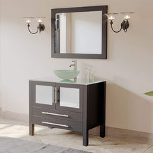 Load image into Gallery viewer, Cambridge Plumbing Vanity Cambridge Plumbing 8111-B 36 Inch Solid Wood Bathroom Vanity Set, Espresso Finish with Glass Countertop and Sink, Includes Faucet, Drain and Mirror