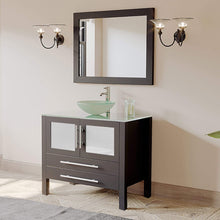 Load image into Gallery viewer, Cambridge Plumbing Vanity Cambridge Plumbing 8111-B 36 Inch Solid Wood Bathroom Vanity Set, Espresso Finish with Glass Countertop and Sink, Includes Faucet, Drain and Mirror