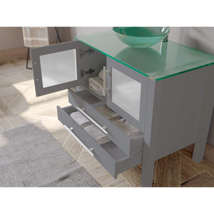 Cambridge Plumbing Vanity Cambridge Plumbing 8111B-G 36 Inch Solid Wood Bathroom Vanity Set, Gray Finish with Glass Countertop and Sink, Includes Faucet, Drain and Mirror