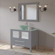 Load image into Gallery viewer, Cambridge Plumbing Vanity Cambridge Plumbing 8111B-G 36 Inch Solid Wood Bathroom Vanity Set, Gray Finish with Glass Countertop and Sink, Includes Faucet, Drain and Mirror