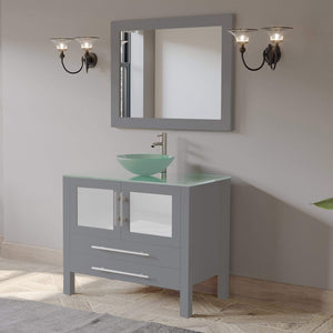 Cambridge Plumbing Vanity Cambridge Plumbing 8111B-G 36 Inch Solid Wood Bathroom Vanity Set, Gray Finish with Glass Countertop and Sink, Includes Faucet, Drain and Mirror
