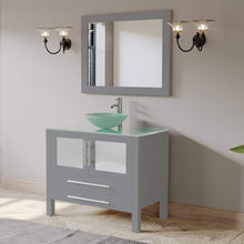 Load image into Gallery viewer, Cambridge Plumbing Vanity Cambridge Plumbing 8111B-G 36 Inch Solid Wood Bathroom Vanity Set, Gray Finish with Glass Countertop and Sink, Includes Faucet, Drain and Mirror