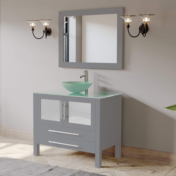 Cambridge Plumbing Vanity Cambridge Plumbing 8111B-G 36 Inch Solid Wood Bathroom Vanity Set, Gray Finish with Glass Countertop and Sink, Includes Faucet, Drain and Mirror