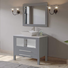 Load image into Gallery viewer, Cambridge Plumbing Vanity Cambridge Plumbing 8111G 36 Inch Solid Wood Bathroom Vanity Set, Gray Finish with White Porcelain Vessel Sink, Includes Faucet, Drain and Mirror