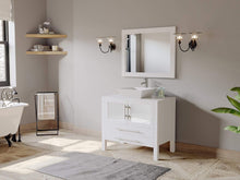 Load image into Gallery viewer, Cambridge Plumbing Vanity Cambridge Plumbing 8111W 36 Inch Solid Wood Bathroom Vanity Set, White Finish with White Porcelain Vessel Sink, Includes Faucet, Drain and Mirror