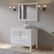 Load image into Gallery viewer, Cambridge Plumbing Vanity Cambridge Plumbing 8111W 36 Inch Solid Wood Bathroom Vanity Set, White Finish with White Porcelain Vessel Sink, Includes Faucet, Drain and Mirror