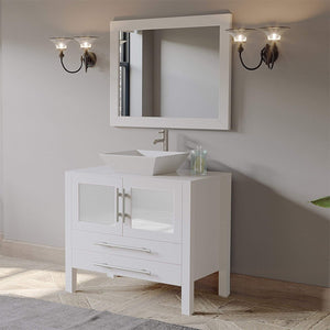 Cambridge Plumbing Vanity Cambridge Plumbing 8111W 36 Inch Solid Wood Bathroom Vanity Set, White Finish with White Porcelain Vessel Sink, Includes Faucet, Drain and Mirror