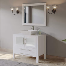 Load image into Gallery viewer, Cambridge Plumbing Vanity Cambridge Plumbing 8111W 36 Inch Solid Wood Bathroom Vanity Set, White Finish with White Porcelain Vessel Sink, Includes Faucet, Drain and Mirror